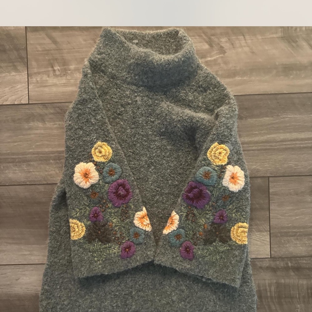 Anthropologie Gray Sweater with Floral Embroidery